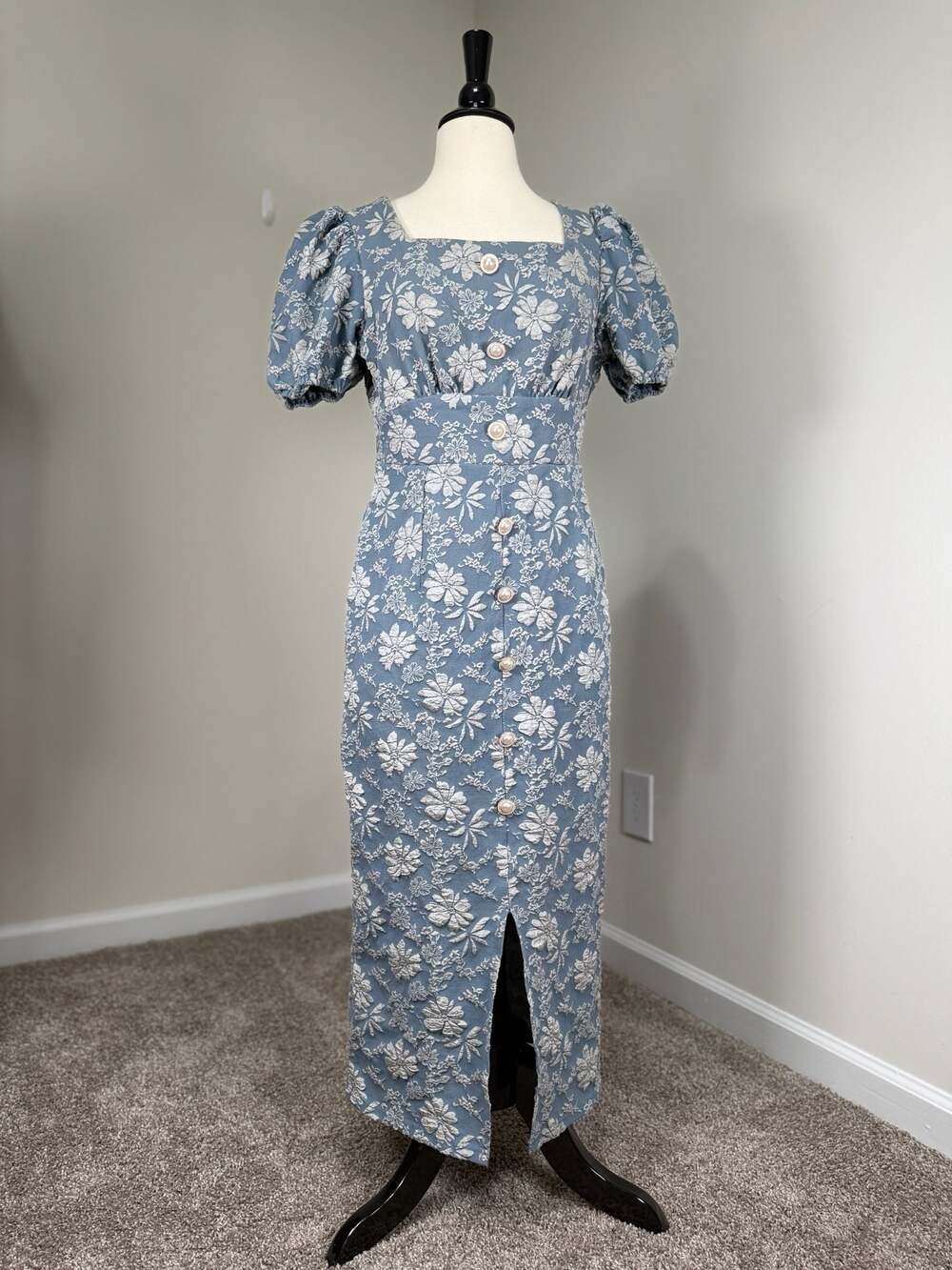 Namshi Blue Floral Jacquard Puff Sleeve Square Neck Midi Dress Cottagecore